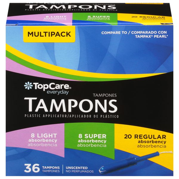 Feminine Care TopCare Tampons, Plastic, Light/Super/Regular Absorbency, Unscented, Multipack hero