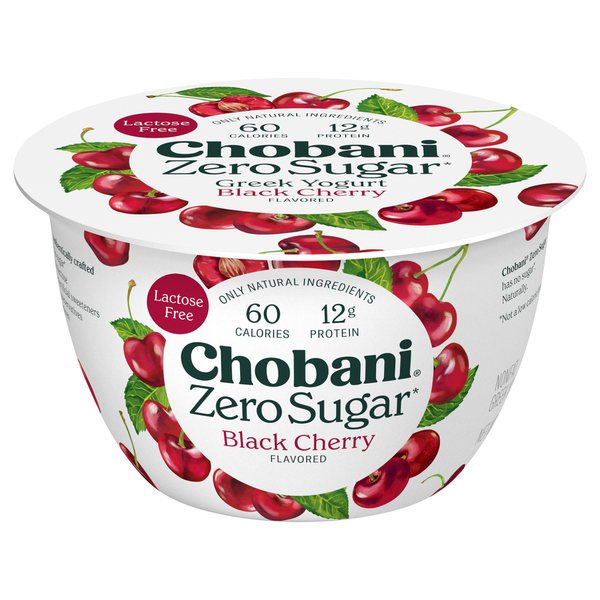 Yogurt Chobani Yogurt, Greek, Nonfat, Zero Sugar, Black Cherry Flavored hero