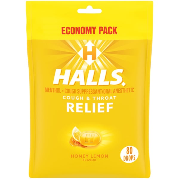 Cold, Flu & Allergy Halls Relief Honey Lemon Cough Suppressant/Oral Anesthetic Menthol Drops hero