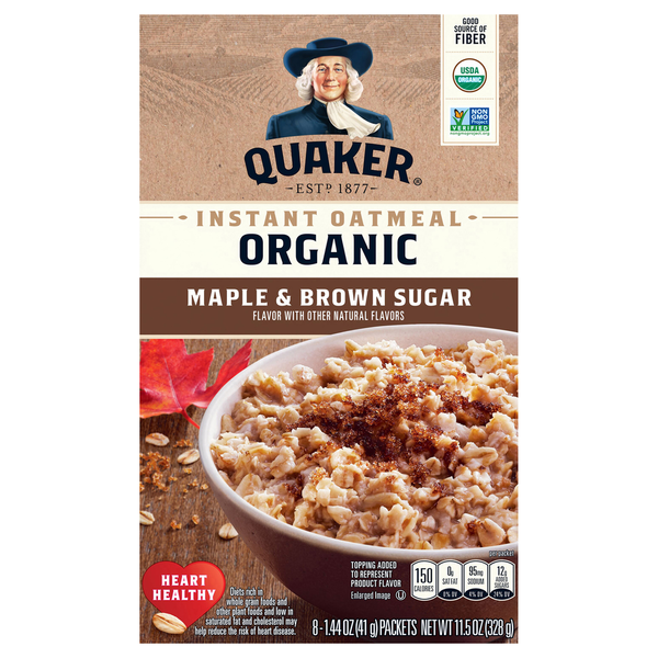 Hot Cereal & Pancake Mixes Quaker Oatmeal, Organic, Instant, Maple & Brown Sugar hero