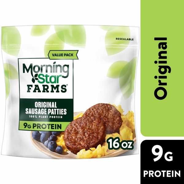 Vegetables, Vegan, & Vegetarian MorningStar Farms Veggie Breakfast Sausage Patties, Vegan Plant Based Protein, Frozen Breakfast Side, Original hero