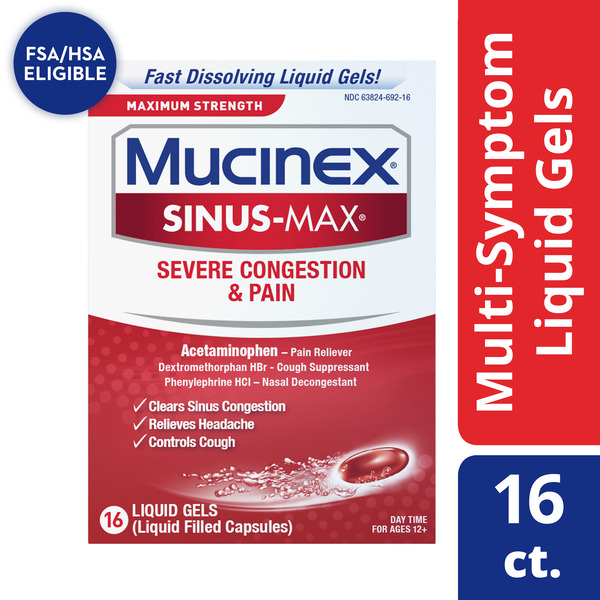 Cold, Flu & Allergy Mucinex Severe Congestion & Pain, Maximum Strength, Liquid Gels hero