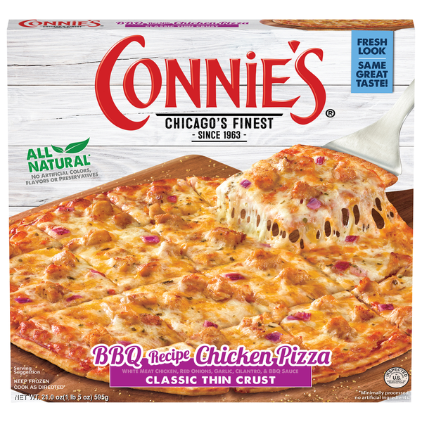 Connie's Pizza Pizza, BBQ Recipe Chicken, Classic Thin Crust hero