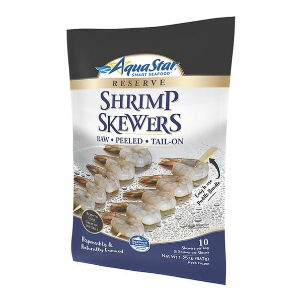 Frozen Shrimp & Shellfish Aqua Star Shrimp Skewers, Raw, Peeled, Tail-On hero