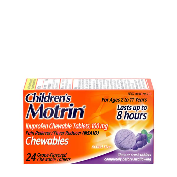 Muscles, Joints & Pain Relief Children's Motrin Ibuprofen Chewable Tablets, 100 Mg, Grape hero