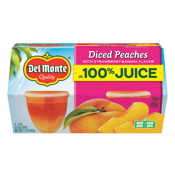 Canned Fruit & Applesauce Del Monte Diced Peaches with Strawberry Banana Flavor 100% Juice Plastic Fruit Cup Snacks hero