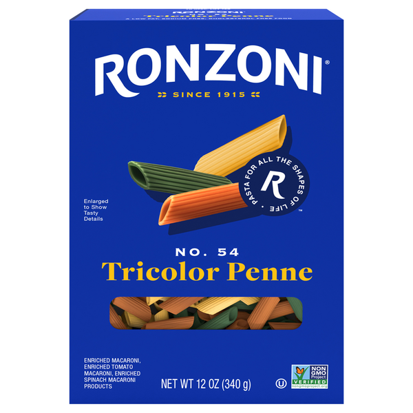 Dry Pasta Ronzoni Tricolor Penne, 12 oz, Colorful Non-GMO Pasta Tubes hero