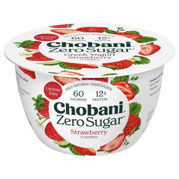 Yogurt Chobani Yogurt, Greek, Nonfat, Zero Sugar, Strawberry Flavored hero