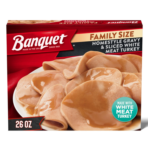 Frozen Meals Banquet Family Size Homestyle Gravy and Sliced White Meat Turkey, Frozen Meal hero