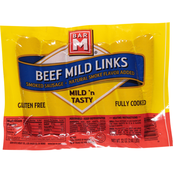 Lunch Meat Bar-M Sausage, Smoked, Mild 'n Tasty, Beef Mild Links hero