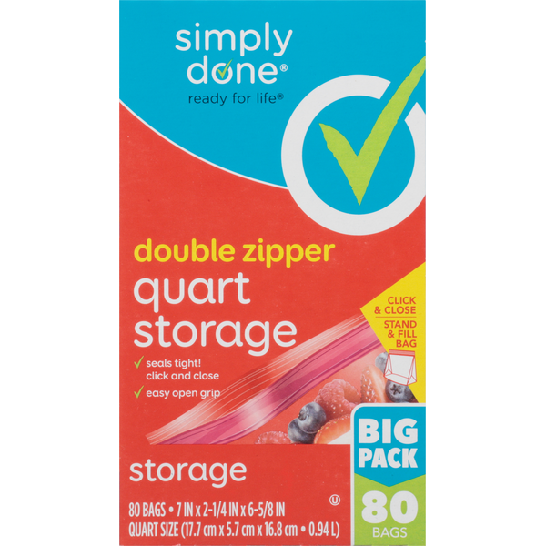 Simply Done Storage Bags, Double Zipper, Quart Size, Big Pack hero