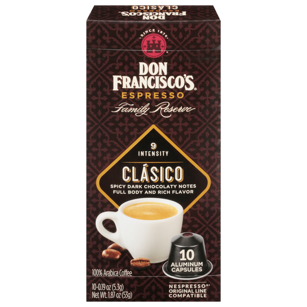 Coffee Grounds and Whole Beans Don Francisco's Coffee, 100% Arabica, Espresso, Intensity 9, Clasico, Capsules hero