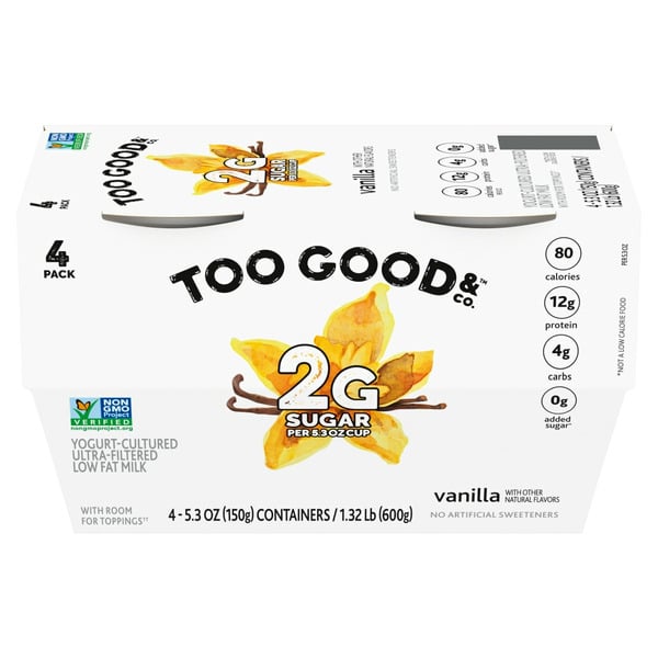 Yogurt Too Good & Co. Vanilla Flavored Low Fat Greek Yogurt Cultured Product Cups hero