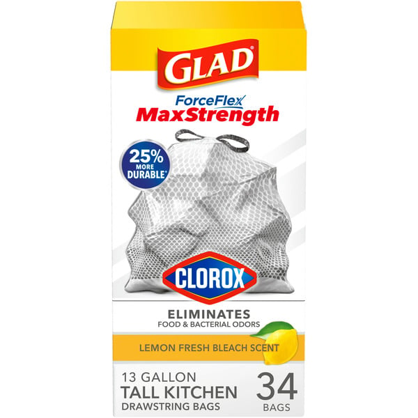 Glad ForceFlex MaxStrength with Clorox Tall Trash Bags, 13 Gal, Lemon Fresh Bleach hero