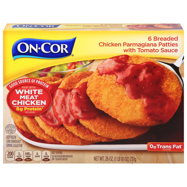 Frozen Meals On‑Cor Chicken Parmagiana Patties, with Tomato Sauce, Breaded hero