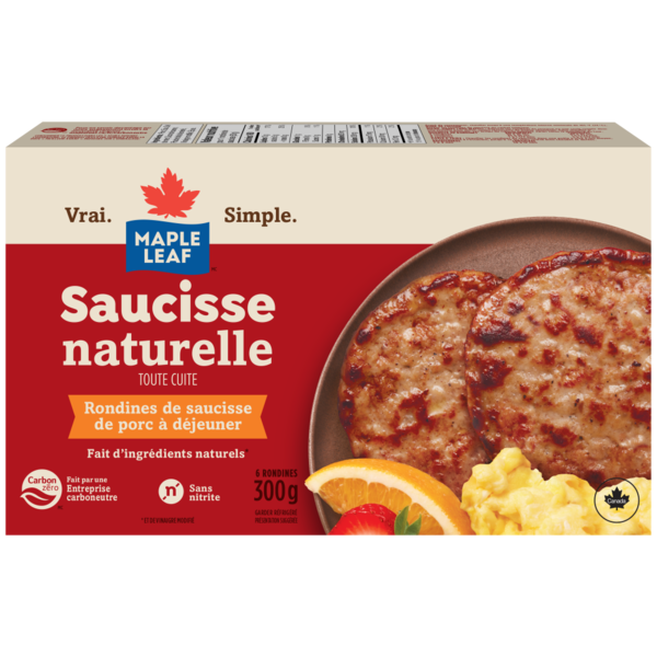 Hot Dogs, Bacon & Sausage Maple Leaf Fully Cooked Natural Pork Breakfast Sausage Patties hero