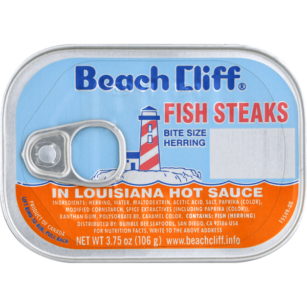 Canned Meat & Seafood Beach Cliff Fish Steaks in Louisiana Hot Sauce, Bite Size Herring hero