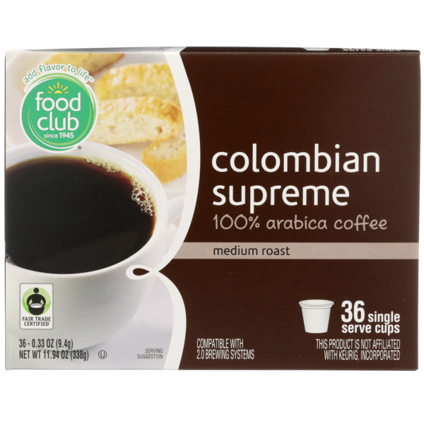 Coffee Food Club Medium Roast Colombian Supreme 100% Arabica Coffee Single Serve Cups hero