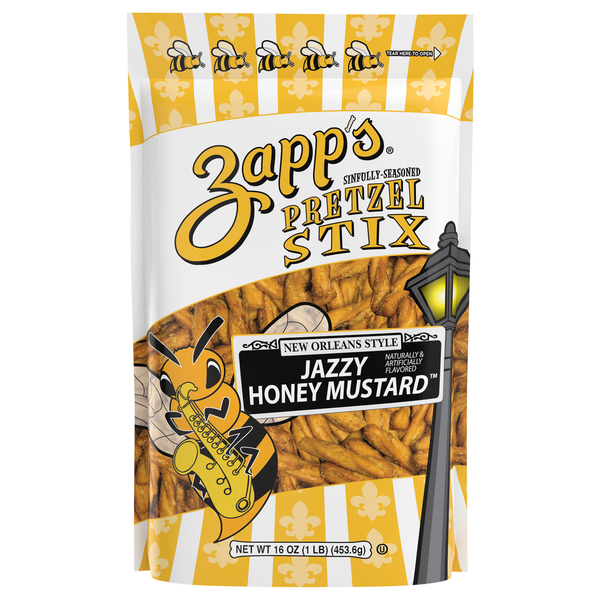 Chips & Pretzels Zapp's Pretzel Stix, Jazzy Honey Mustard, New Orleans Style, Sinfully-Seasoned hero