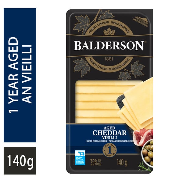 Specialty Cheeses Balderson 1 Year Aged Cheddar Cheese Natural Sliced Cheese hero