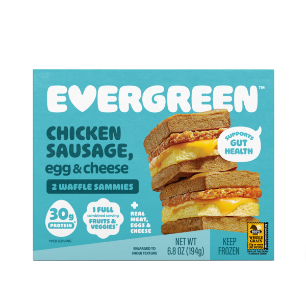 Frozen Breakfast Evergreen Chicken Sausage, Egg & Cheese, Frozen, Waffle Breakfast Sandwich hero