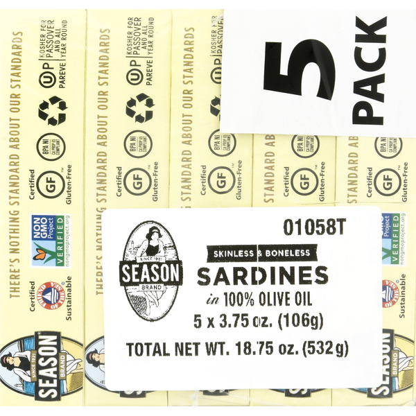 Canned Meat & Seafood Season Brand Sardines in 100% Olive Oil, Skinless & Boneless, 5 Pack hero