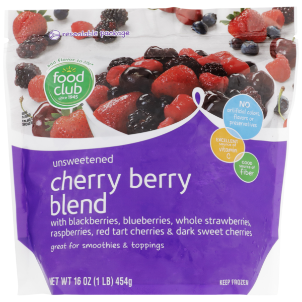 Frozen Juice Food Club Unsweetened Cherry Berry Blend With Blackberries, Blueberries, Whole Strawberries, Raspberries, Red Tart Cherries & Dark Sweet Cherries hero