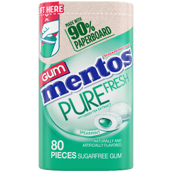 Mint & Gum Mentos Gum Pure Fresh Spearmint, 80pc, Recyclable, 90% Paperboard Bottle hero