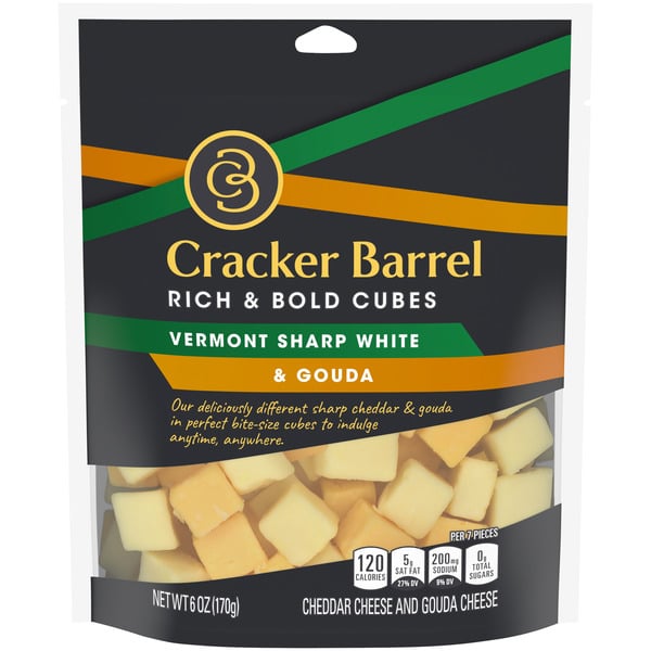 Packaged Cheese Cracker Barrel Rich & Bold Vermont Sharp White Cheddar & Gouda Cheese Cubes, oz Bag hero