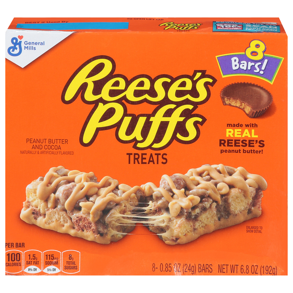 Breakfast Bars & Pastries General Mills Reese's Puffs Bars, Peanut Butter and Cocoa, Treats hero