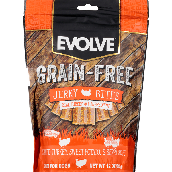 Dog Food & Care EVOLVE Jerky Bites, Grain-Free, Deboned Turkey, Sweet Potato & Berry Recipe hero