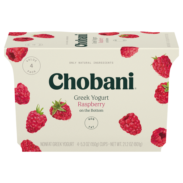 Yogurt Chobani Yogurt, Greek, Nonfat, Raspberry on the Bottom, Value 4 Pack hero