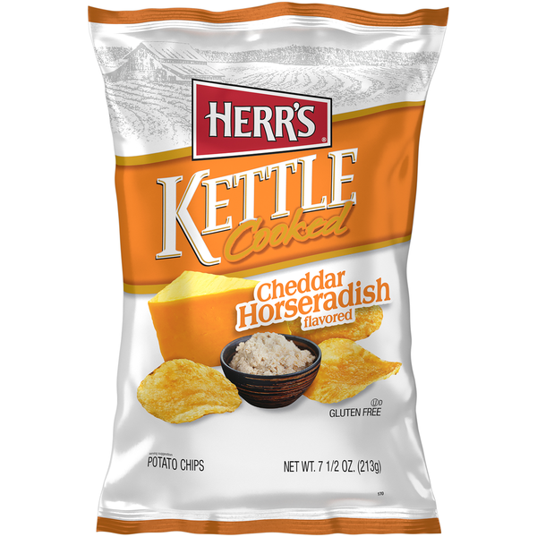 Chips & Pretzels Herr's Potato Chips, Cheddar Horseradish Flavored, Kettle Cooked hero