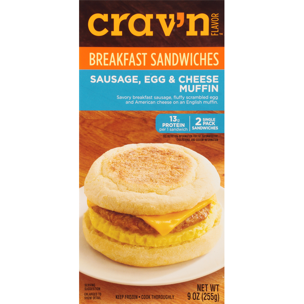 Prepared Meals Crav'n Flavor Breakfast Sandwiches, Sausage, Egg & Cheese Muffin, 2 Pack hero