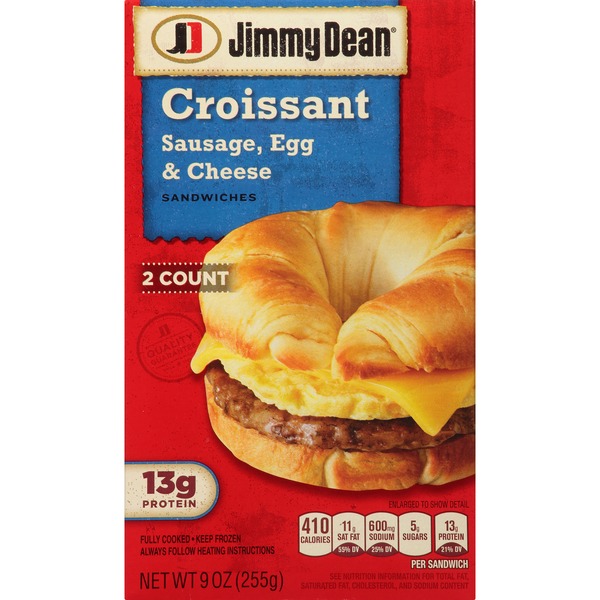 Frozen Jimmy Dean Croissant Breakfast Sandwiches with Sausage, Egg, and Cheese, Frozen, 2 Count hero