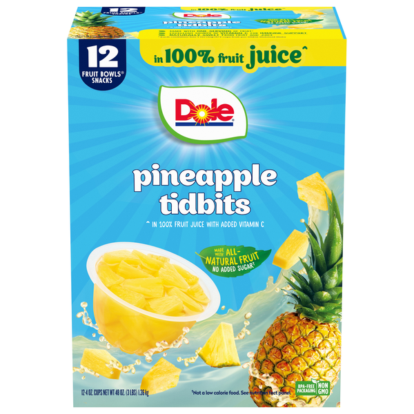 Canned Fruit & Applesauce Dole Fruit Bowls Snack, in 100% Fruit Juice, Pineapple Tidbits hero