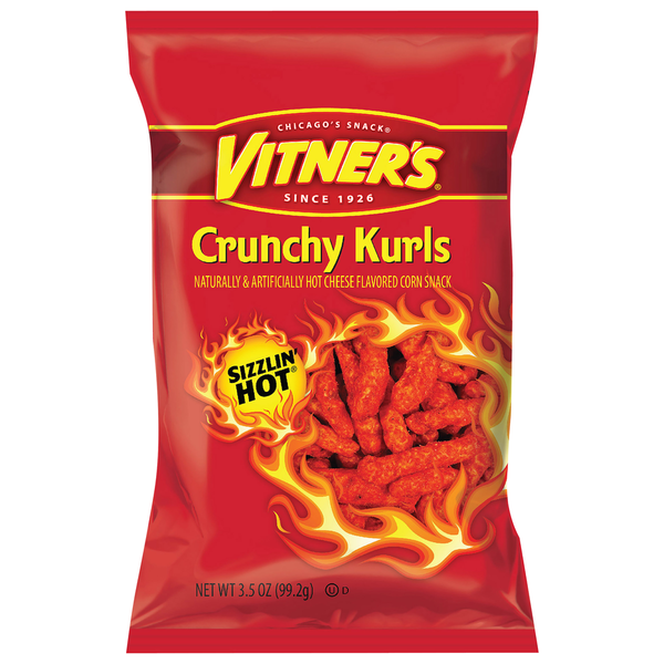 Chips & Pretzels Vitner's Crunchy Kurls, Hot Cheese, Sizzlin' Hot hero