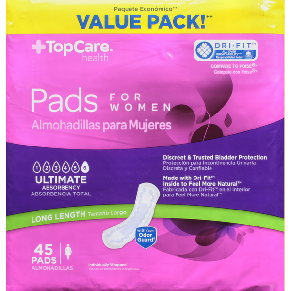 Feminine Care TopCare Pads, for Women, Ultimate Absorbency, Long Length, Value Pack! hero