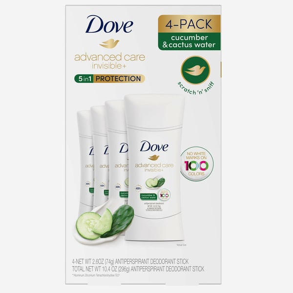 Deodorants Dove Advanced Care Invisible+ Antiperspirant Deodorant Stick, Cucumber & Cactus Water, 2.6 oz, 4 ct hero