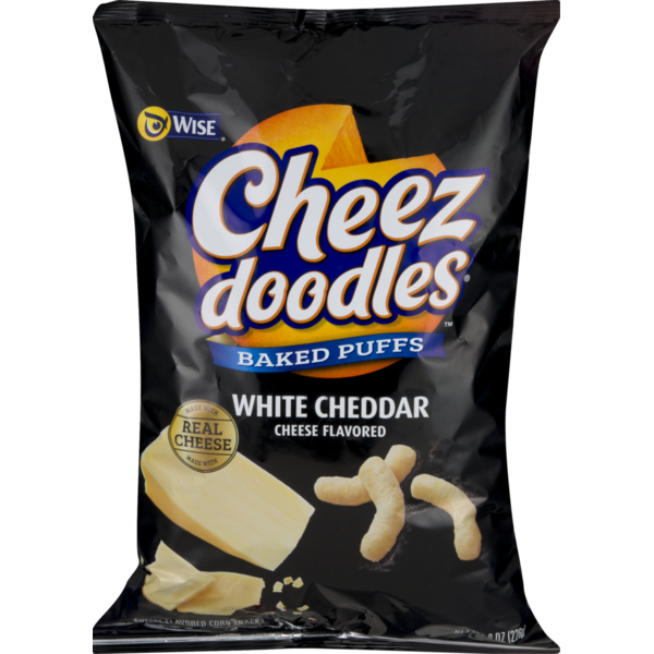 Chips & Pretzels Wise Cheez Doodles Baked Puffs White Cheddar Cheese hero