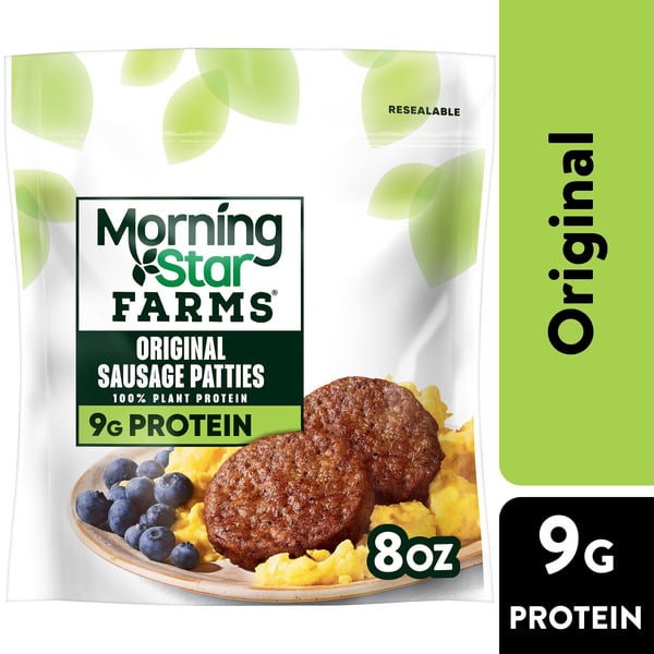 Frozen Vegan & Vegetarian MorningStar Farms Veggie Breakfast Plant Based Sausage Patties, Vegan Meat, Frozen Breakfast Side, Original hero