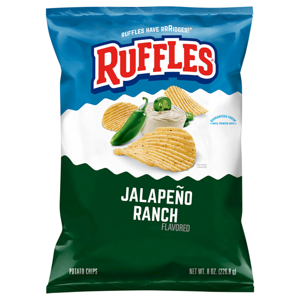 Chips & Pretzels Ruffles Potato Chips, Jalapeno Ranch Flavored hero