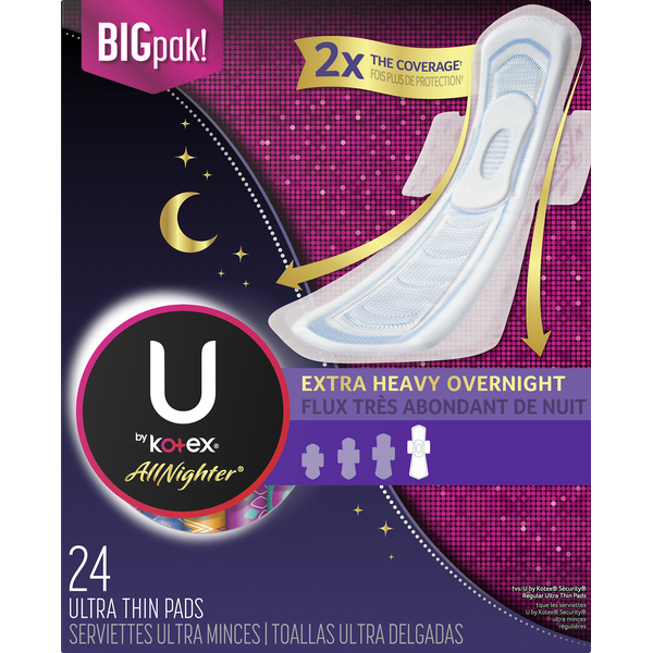 Feminine Care U by Kotex Pads, Ultra Thin, Extra Heavy Overnight, BigPak! hero