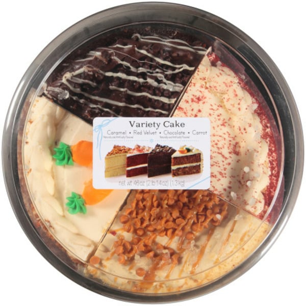 Bakery Desserts Rich's 8" Double Layer Variety Cake (Caramel, Carrot, Chocolate, Red Velvet) hero