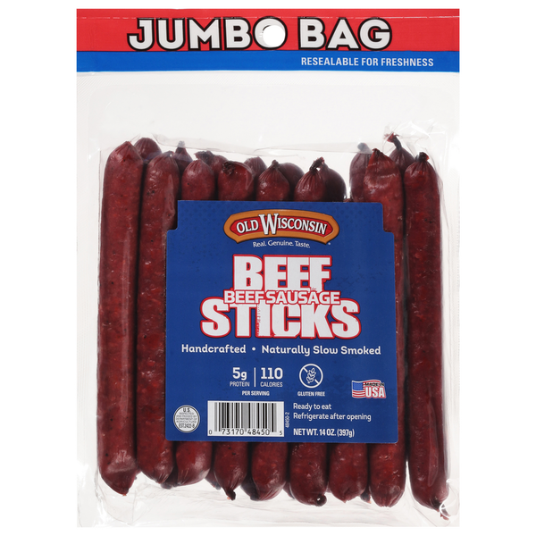 Popcorn & Jerky Old Wisconsin Sausage Sticks, Beef, Jumbo Bag hero