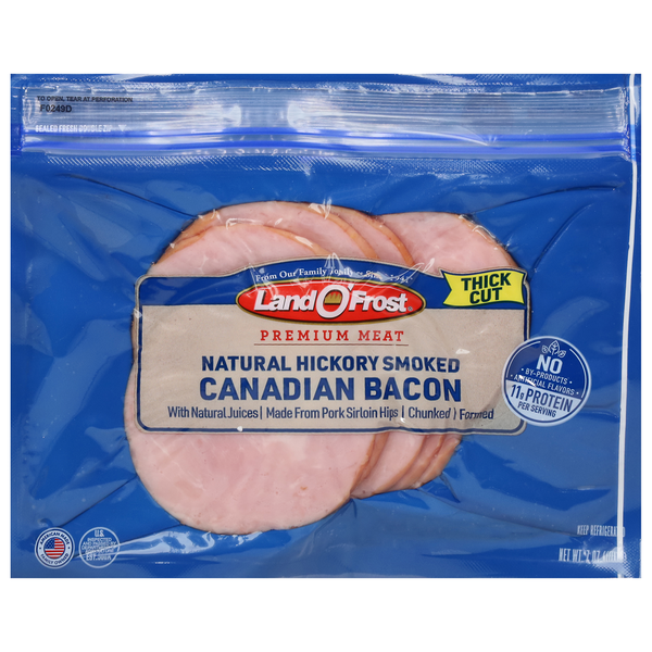 Hot Dogs, Bacon & Sausage Land O’Frost Canadian Bacon, Natural Hickory Smoked, Breakfast Cuts, with Natural Juices, Premium, Vacuum Packed hero