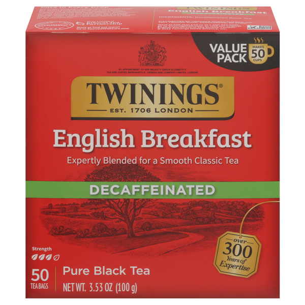 Tea Twinings Black Tea, Pure, English Breakfast, Decaffeinated, Tea Bags, Value Pack hero