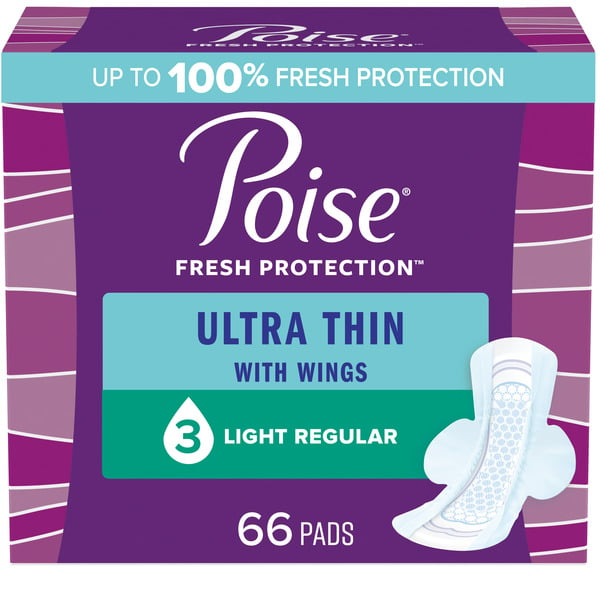 Feminine Care Poise Ultra Thin Incontinence Pads with Wings, Light Absorbency, Regular Length hero