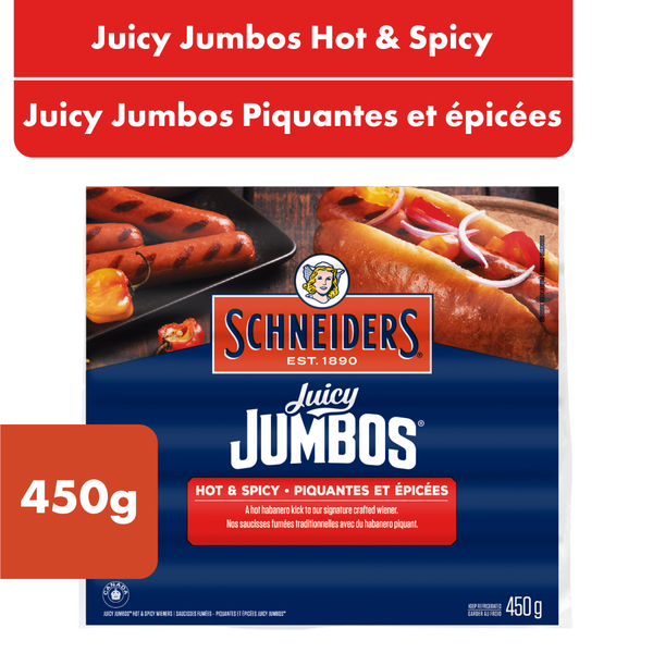 Hot Dogs, Bacon & Sausage Schneiders Juicy Jumbos Hot & Spicy Hot Dogs hero