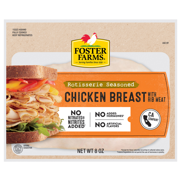 Lunch Meat Foster Farms Chicken Breast, with Rib Meat, Rotisserie Seasoned hero